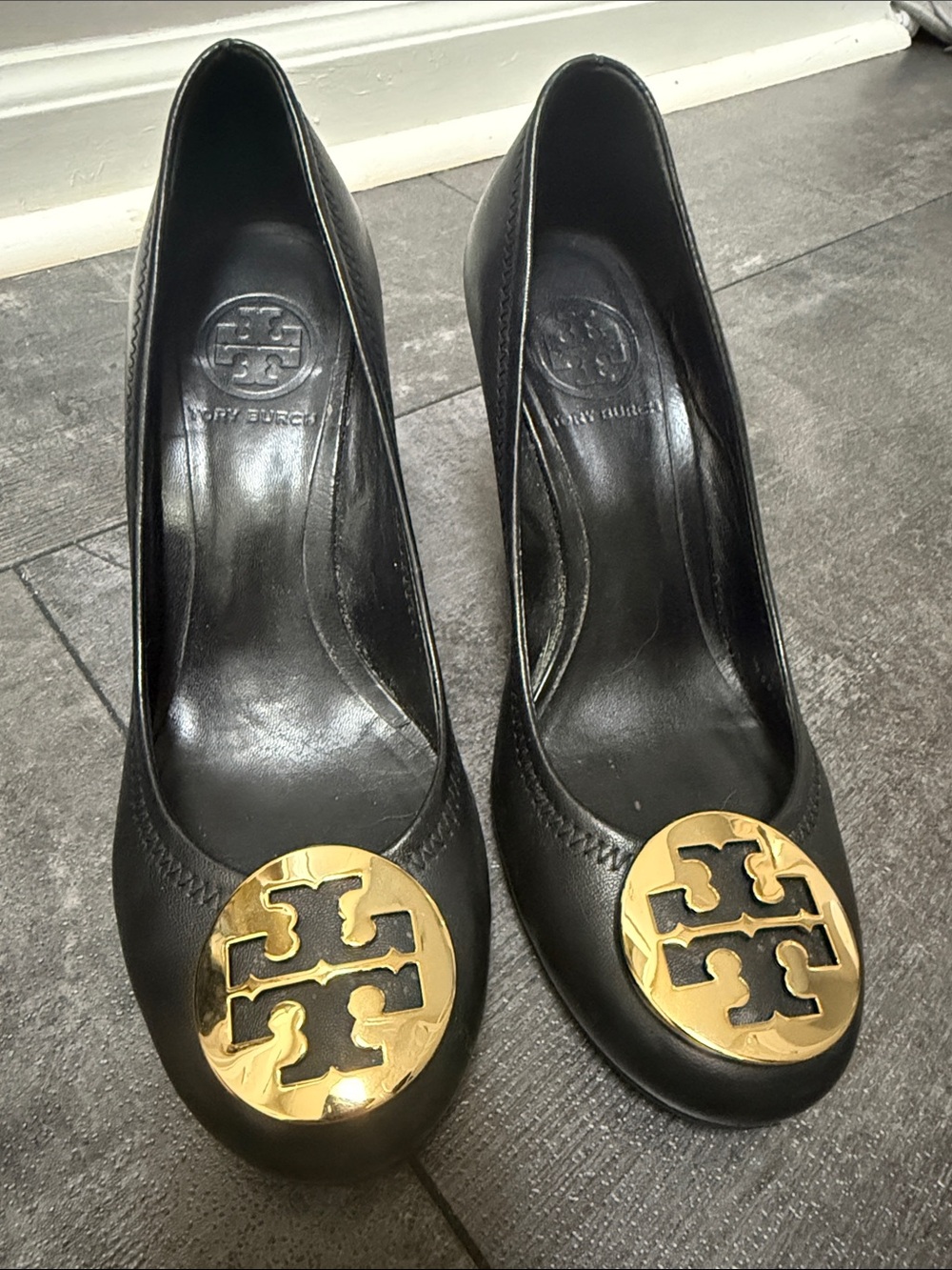 Tory Burch Black Leather Pumps with Gold Logo Medallions